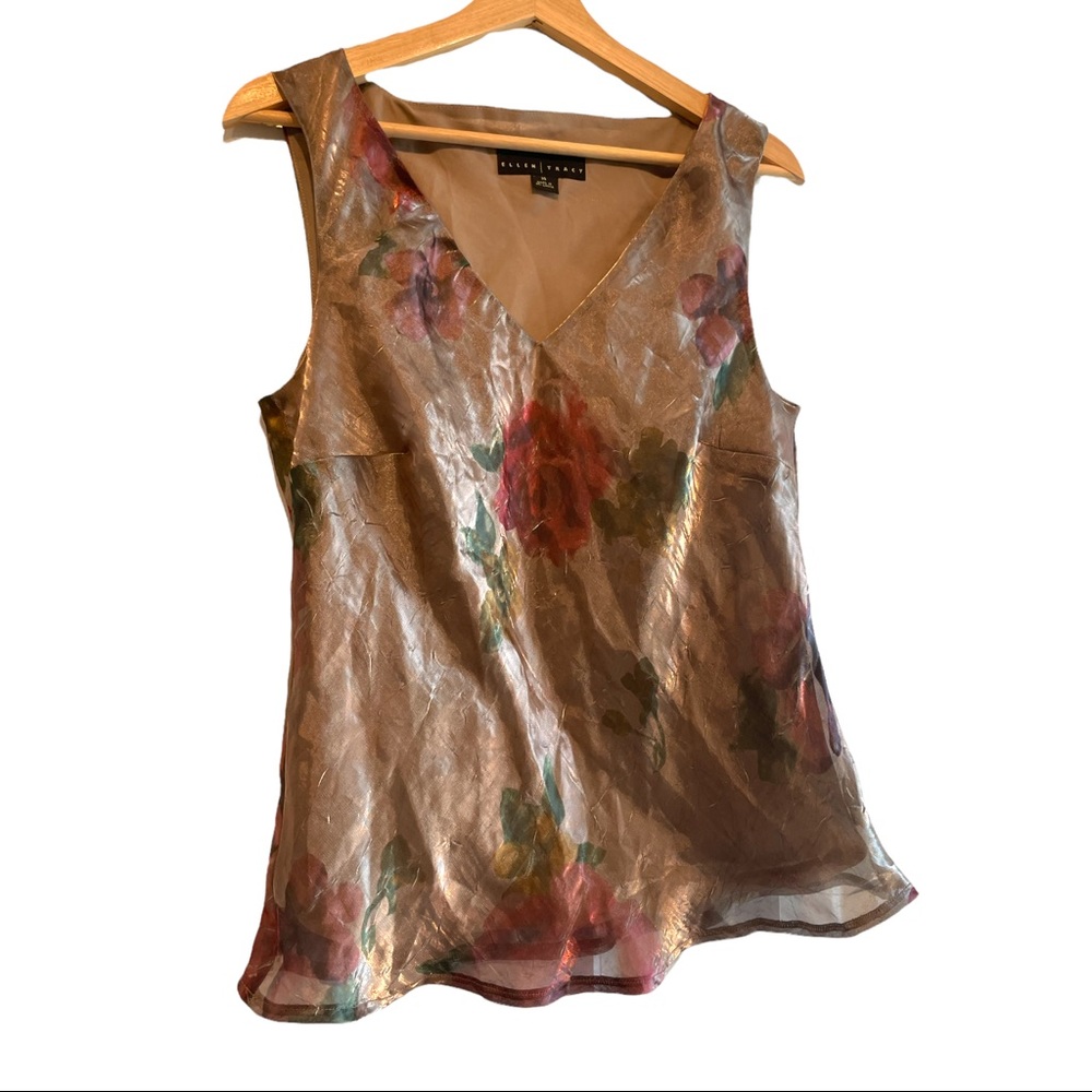 Vintage 90s Y2K Bronze Shimmer Rose Print Sleeveless Top V neck blouse Medium - Picture 7 of 12